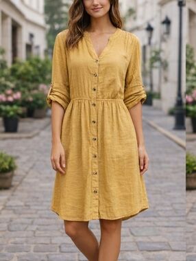 MPH Collection Mustard Button-Front Midi Dress – Size Large